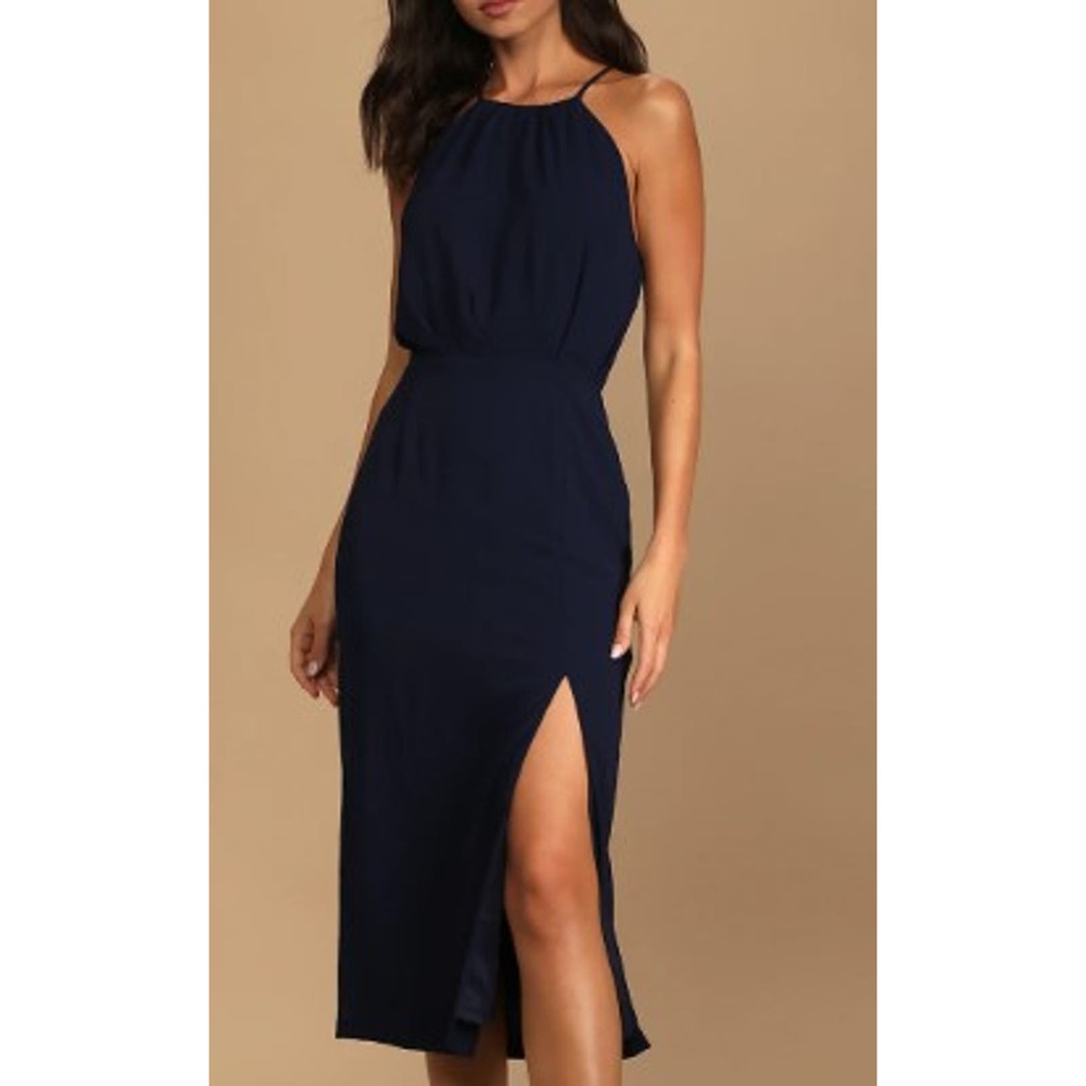 LULU'S SZ M Dreamy Date Night Navy Blue Sleeveless Midi Dress NEW b84